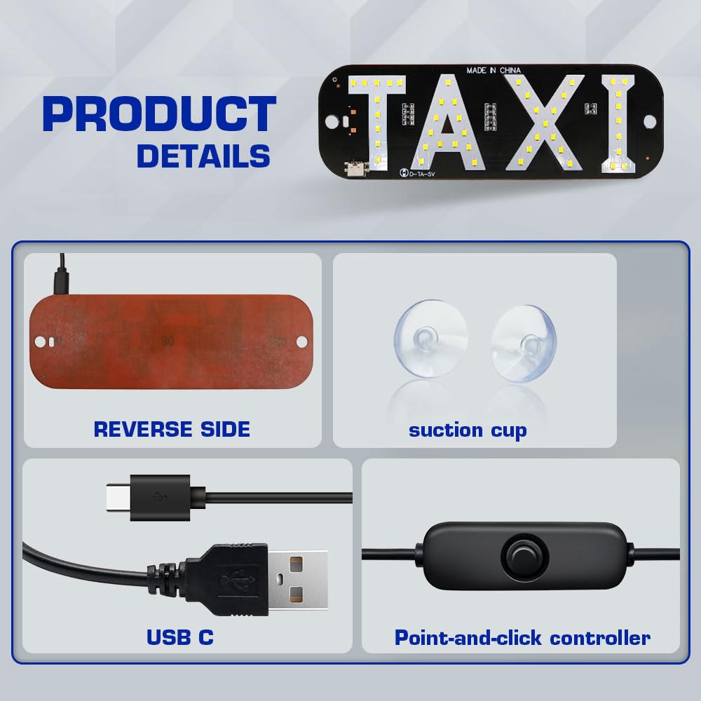 1pcs Taxi Sign Light USB On/Off Button, Bright Taxi LED Sign, Suction Cup Window Placement for Taxi Car (White)