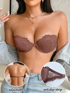 Dot Lace Daily Balconette Bra, Lightweight Breathable Non-Slip Front Buckle Underwire Lingerie, Max Support Fitted Design, Plain Pattern, All-Season Wear Summer