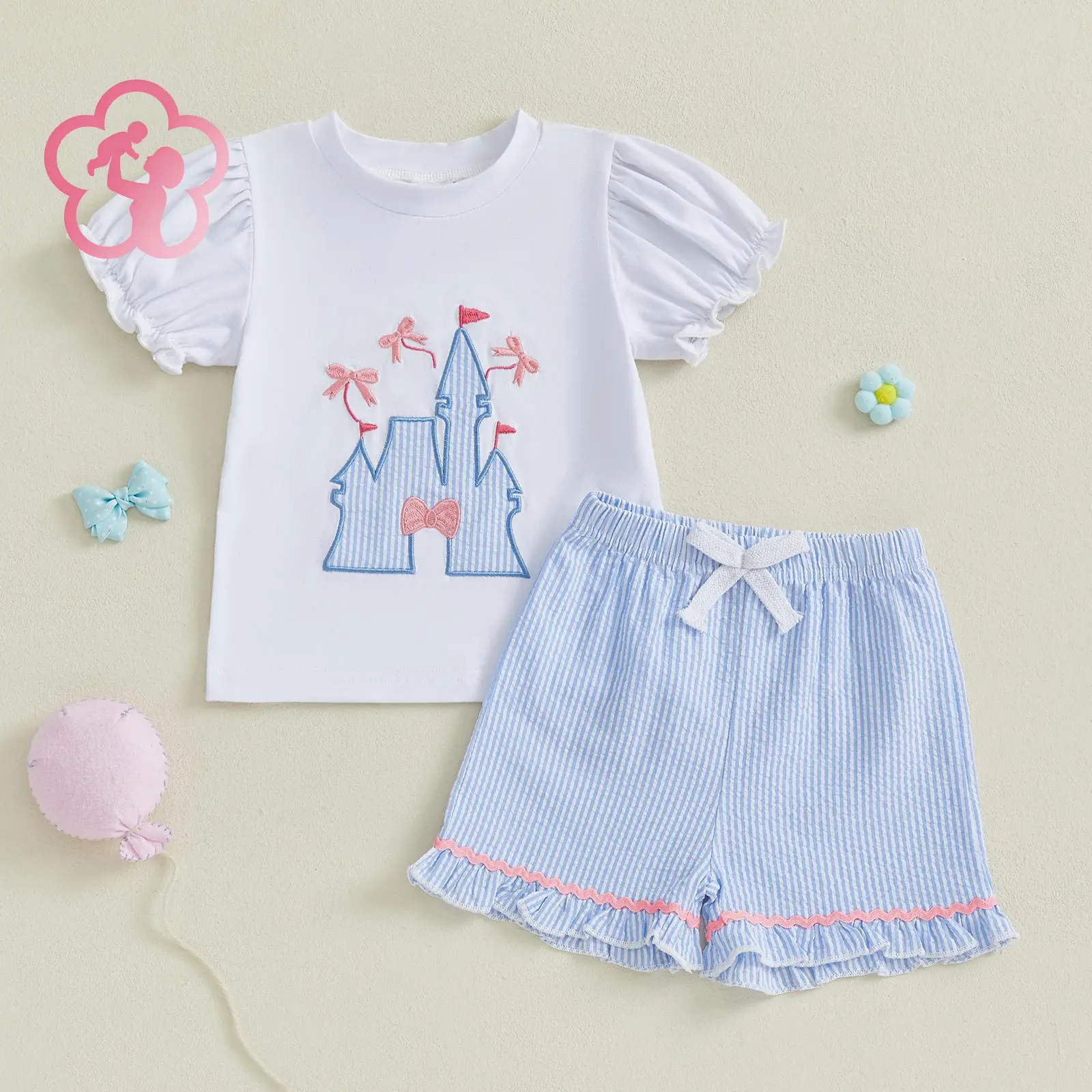 (95% Cotton) GCB Toddler Girls Summer Outfit Bow Embroidery Short Sleeves T-Shirt and Elastic Striped Shorts Set Cute 2 Piece Clothes