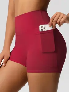 Women's Solid Color Pocket Sports Shorts, High Stretch Tummy Control Butt-lifting Yoga Shorts, Ladies Sportswear for Indoor Outdoor Wear