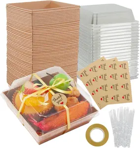 60 Pack Mini Charcuterie Boxes with Clear Lids – Paper Dessert Boxes with, Stickers & Ribbon, Disposable Treat Boxes for Cookies, Cake Slices, Sandwiches & Strawberries