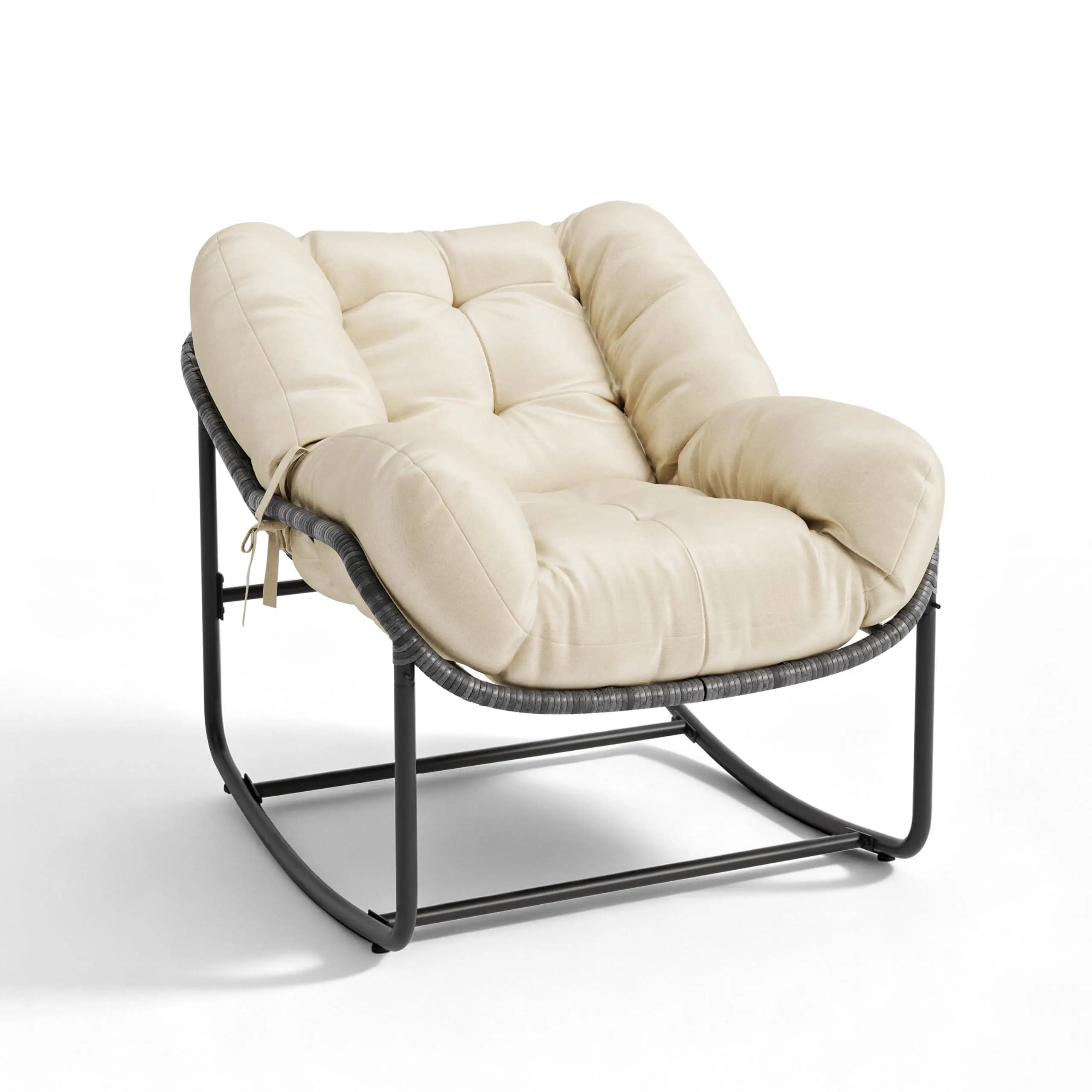 Oversized Outdoor Papasan Rocking Chair in Egg-Shaped Wicker with Soft Cushion, 330 LBS Capacity for Garden Balcony Living Room, Beige
