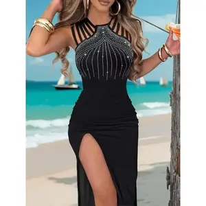 Hip-Hugging Rhinestone Slit Thigh Dress Elegant Sleeveless Party Evening Gown for Women Formal Polyester