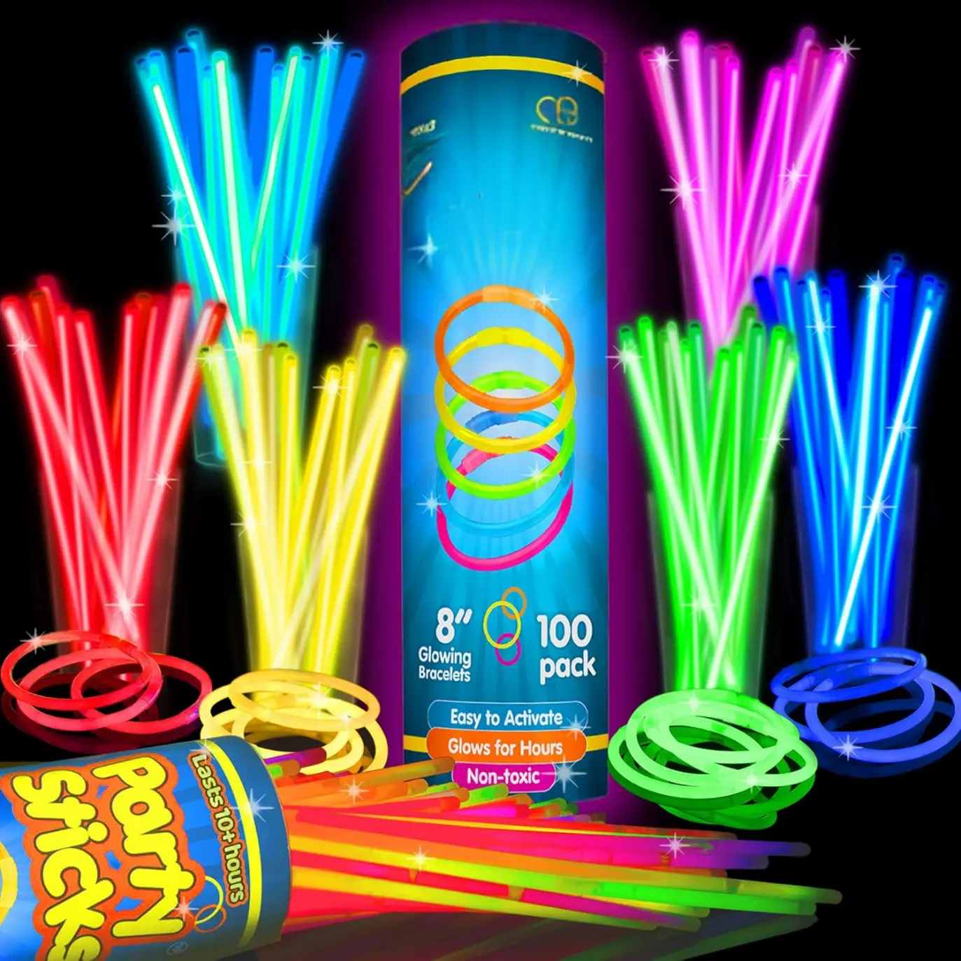 Glow Sticks Party Supplies 100pk - 8 Inch Glow in the Dark Light Up Sticks Party Favors Safe for Kids Nontoxic Waterproof CPSIA Approved Neon Party Glow Necklaces and Bracelets with Connectors