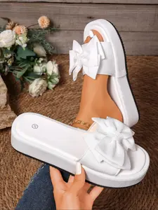 New Women's Bowknot Thick Sole Slippers, Non-Slip Faux Suede Sandals for Indoor and Outdoor Wear, Comfortable Casual Shoes