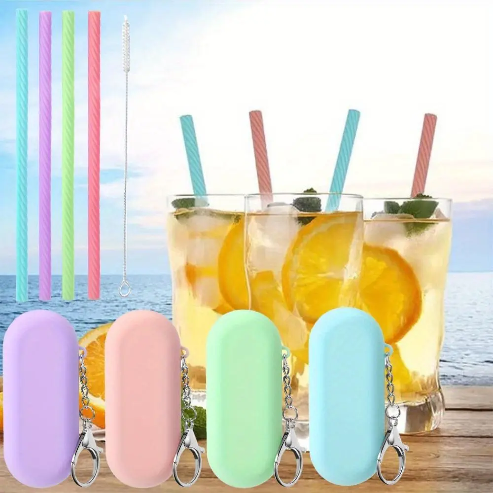 4 Set Silicone Straws with Case Reusable Silicone Portable Drinking Straw Set for Party Travel Cold or Hot with 4 Carry Case, 1 Cleaning Brushes (Classic Color)