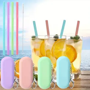 4 Set Silicone Straws with Case Reusable Silicone Portable Drinking Straw Set for Party Travel Cold or Hot with 4 Carry Case, 1 Cleaning Brushes (Classic Color)