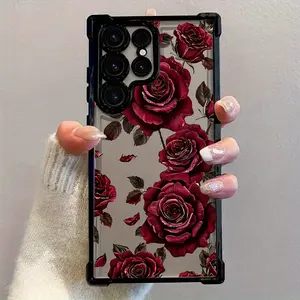 Luxury Rose Flower Four-Corner Airbag Electroplated Phone Case Suitable for Samsung GALAXY S25 ULTRA S24 Plus S23 Fe , Compatible with iPhone 17 AIR 16 Promax 15 pro max case 14, iphone 13 cases, 12, 11, Protective Cover for Both Men And Women Gift.