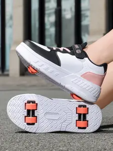 A pair of stylish and cool children's sports shoes. The soles are equipped with wheels, enabling kids to skate and slide. The wheels are detachable, making these shoes dual - purpose, suitable for both sliding and walking.