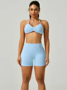 Women's Seamless Comfortable Backless Halter Sports Bra, High Elasticity Yoga Shorts Set, Fitness Running Workout