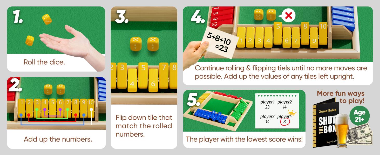 Shut The Box Dice Game,2-4 Player Family Wooden Board Table Math Games for Adults and Kids, 8 Dices Classics Games for Classroom,Home,Party or Pub
