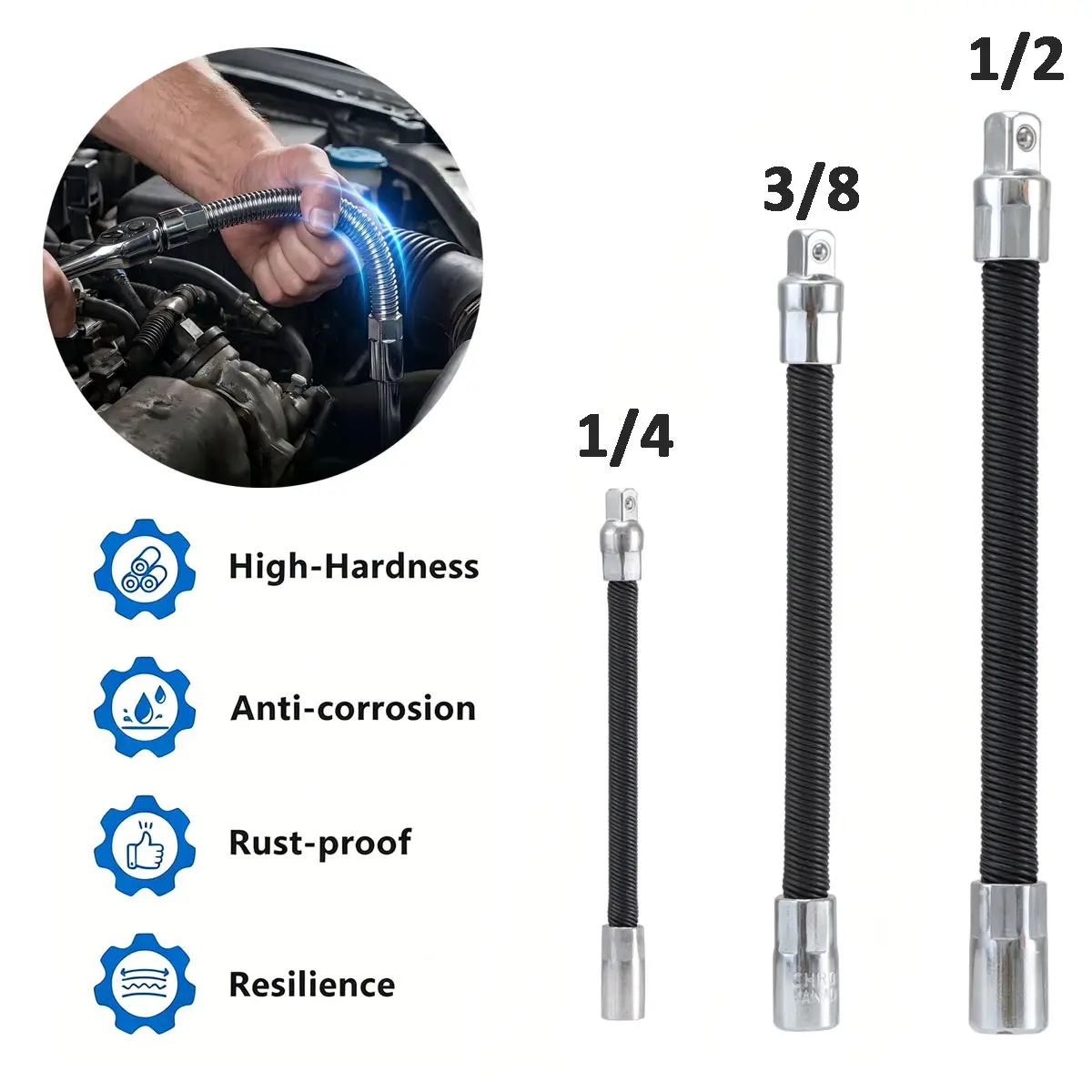 Dazone 3-Pcs Flexible Socket Extension Bar Set, 1/2"-1/4"-3/8" Chrome Vanadium Socket Wrench Drive Extender Rods