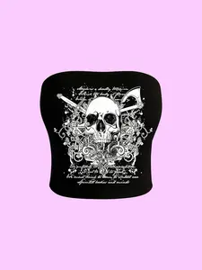 Y2K-Inspired Skull Print Short Crop Top for Women, Stretchy Strapless Design for Summer Casual Wear, High-Elasticity, Perfect for Trendy Womenswear