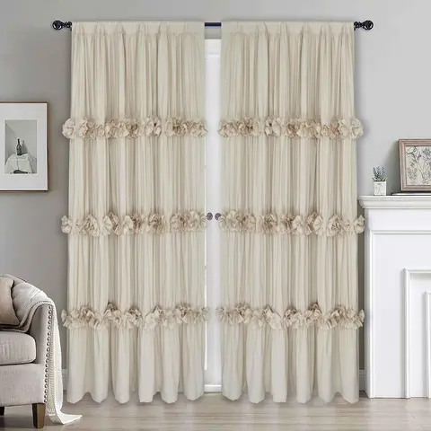 HIG Farmhouse Ruffle Window Curtains with Blackout Liner Handmade Bow Ties Drapes 2 Panels Set curtain livingroom curtain edges (100x84 size only one panel)