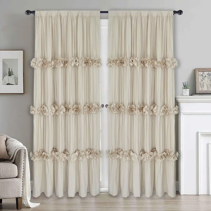HIG Farmhouse Ruffle Window Curtains with Blackout Liner Handmade Bow Ties Drapes 2 Panels Set curtain livingroom curtain edges (100x84 size only one panel)