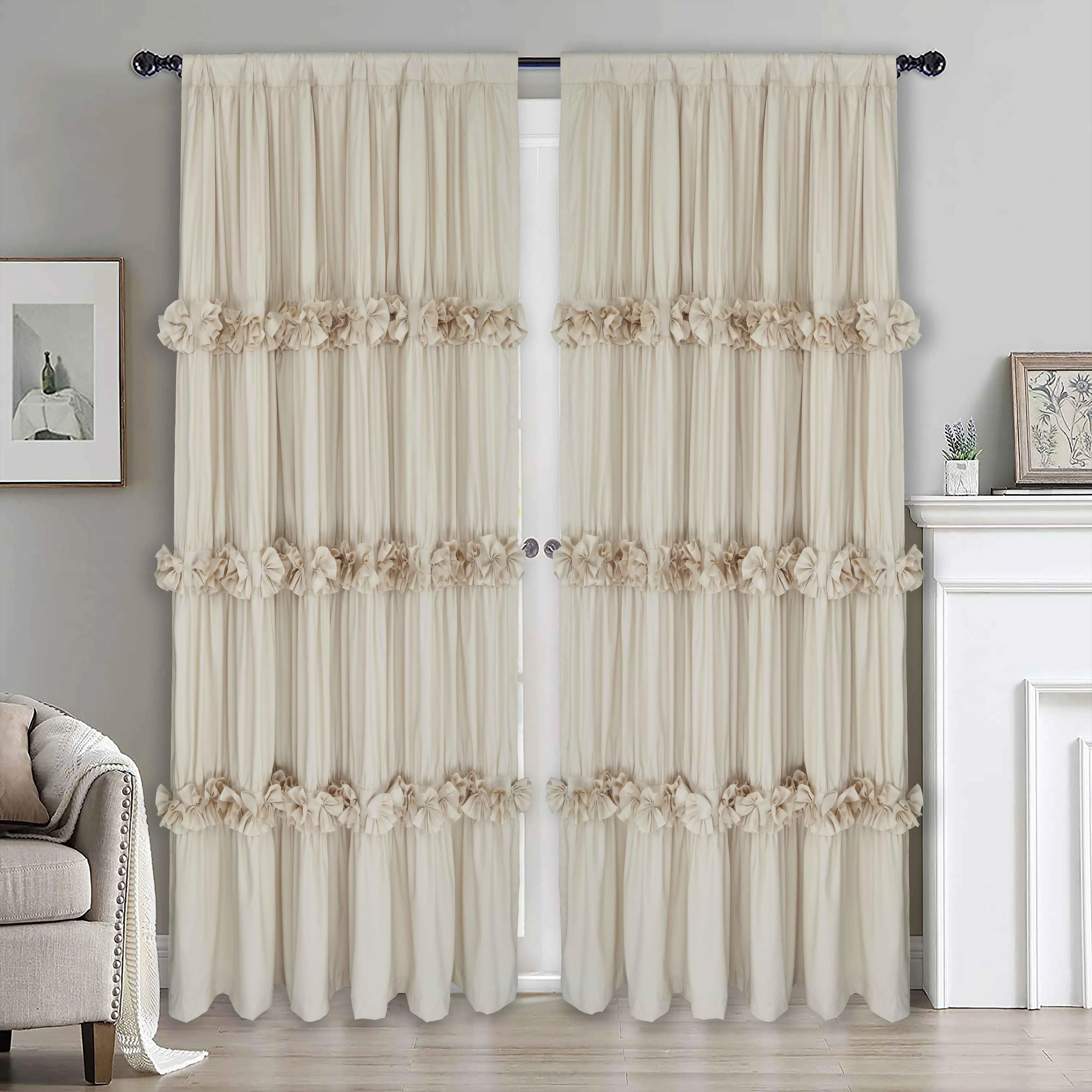 HIG Farmhouse Ruffle Window Curtains with Blackout Liner Handmade Bow Ties Drapes 2 Panels Set curtain livingroom curtain edges (100x84 size only one