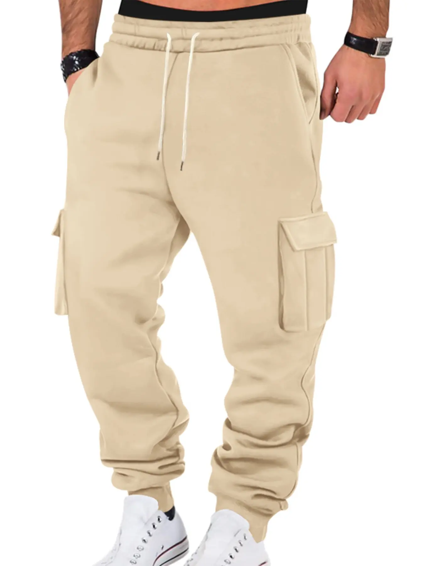 Men's solid color multi-functional drawstring warm pants, multi-pocket design, regular version soft and comfortable fabric, suitable for wearing in autumn and, daily travel outdoor leisure sports scene men's lower body clothing.