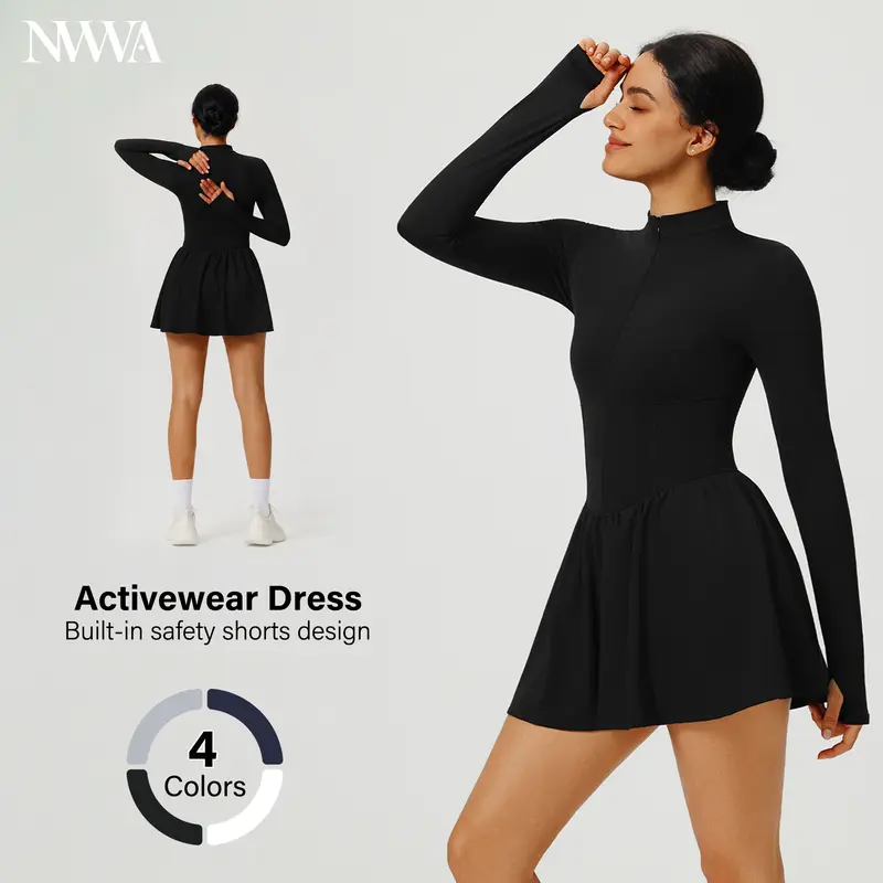 Women's Body-Fitted High Neck Nylon/Spandex Active Dresses - Quick Dry, Zip-Front Athleisure Workout Dress with Built-In Shorts, Pockets, Tennis Golf Gym Clothes,outdoorfun