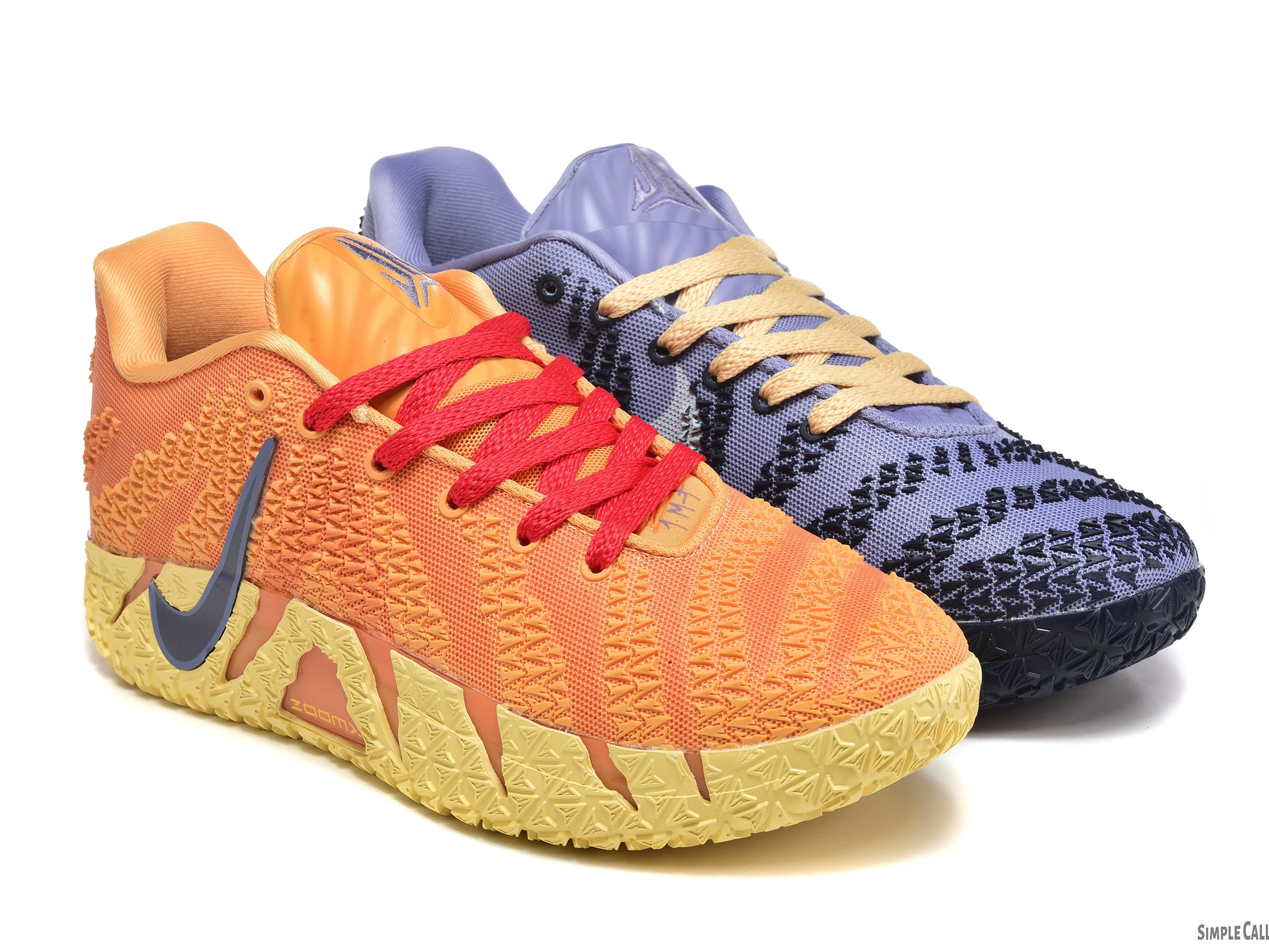Dual-tone Mismatched Low-top Basketball Sneakers, raised embossed mesh upper, patterned anti-slip outsoles in distinct warm and cool hues. Ideal for indoor basketball contests, eye-catching asymmetrical street styling