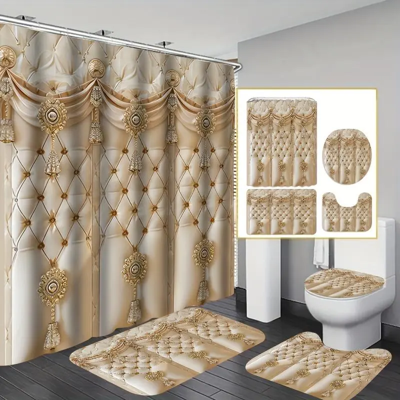 Luxury Bathroom Accessories, 4 Counts/set Including Shower Curtain & Toilet U-shape Mat & Rectangular Mat & Toilet Lid Cover, Bathroom Decor Supplies, Shower Curtain Sets, Bathroom Decoration Accessories
