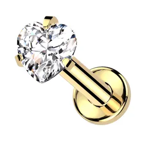 Gold PVD Heart Clear CZ Internally Threaded Titanium Labret Post