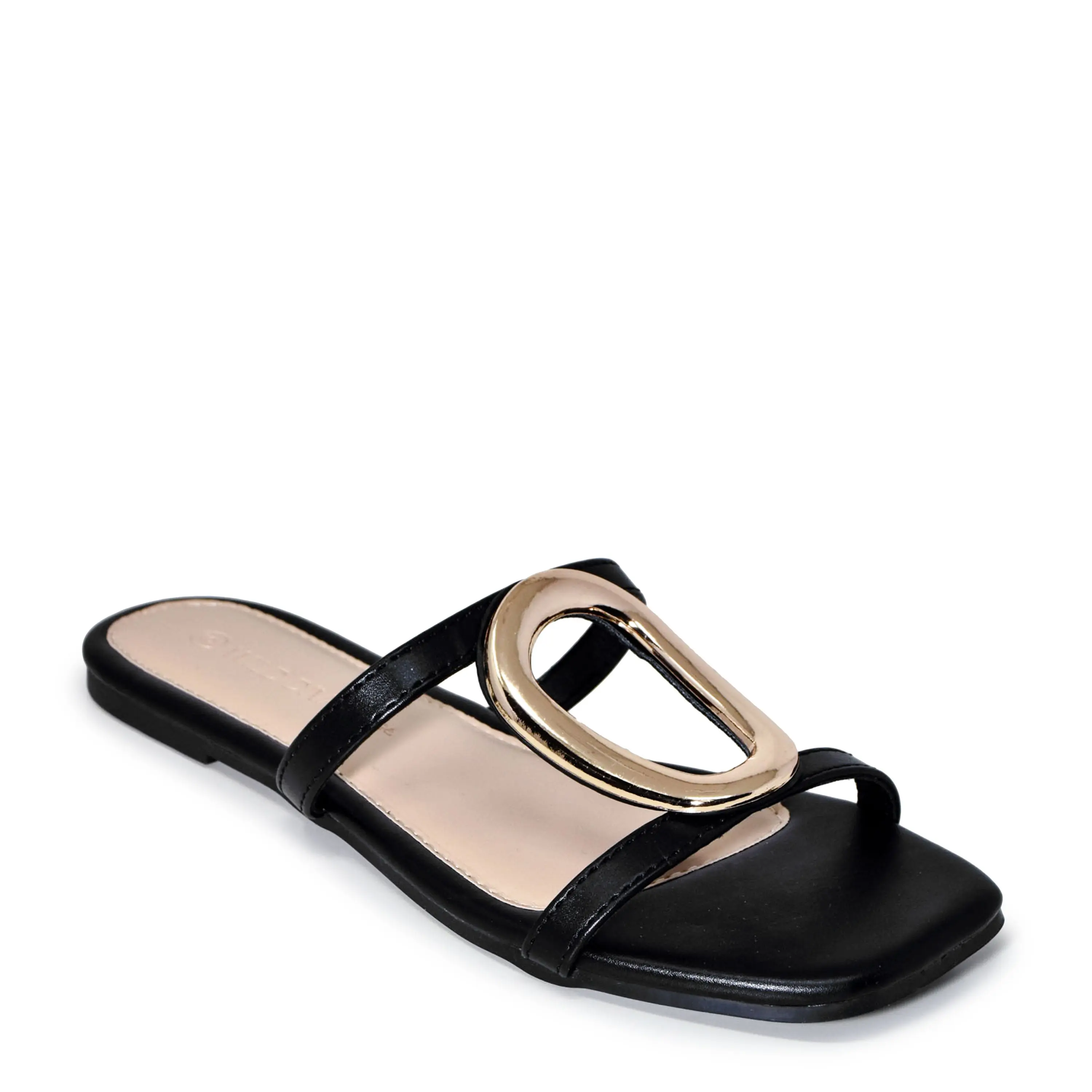 Wild Diva Women’s Gold Ornament Accent Square Toe Double Strap Fashion Slide Sandals
