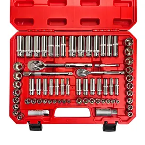 69pcs 1/4”&3/8" Drive Impact Socket Set,Drive Master Socket Set,SAE/Metric, Deep & Shallow with Drive Head Ratchet,Drive Spark Plug Socket,Extension bar (3” & 6”),6 Point,CR-V Steel