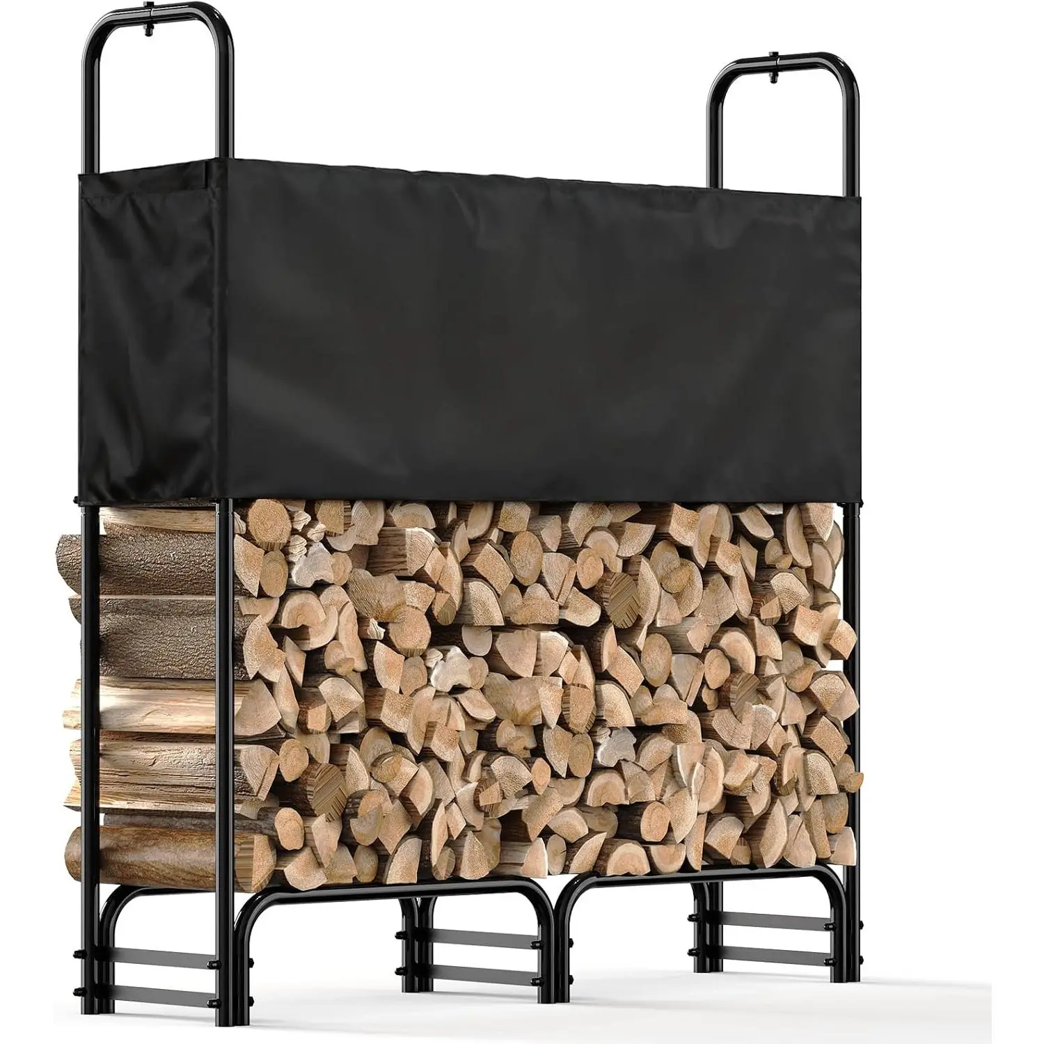 Black Heavy-Duty 4ft Firewood Rack with Waterproof Adjustable Cover, Outdoor/Indoor Log Holder for 1/4 Cord Firewood, Ideal for Fireplace, Patio, Deck, Outdoors, 1/4 Cord Of Firewood