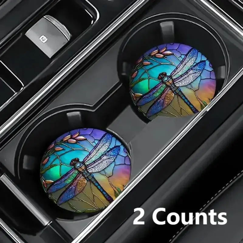 Creative Dragonfly Pattern Car Coaster, Round Anti-slip Car Cup Holder Decorative Mat, Car Interior Decoration Accessories for Gift, Automotive Decorative Accessories, Vehicle Decor, Car Decorations