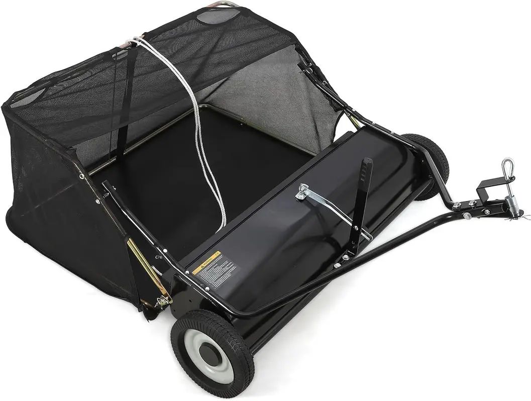 【Christmas Gift】Tow Behind Lawn Sweeper 48 Inch, Large Capacity Heavy Duty Leaf & Grass Collector with Adjustable Sweeping Height, Dumping Rope Design for Picking Up Debris and Grass
