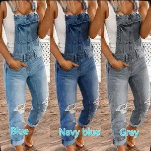 Women’s Distressed Denim Overalls - Slim Fit Strap Jumpsuit with Ripped Details (2025 Vintage Revival)
