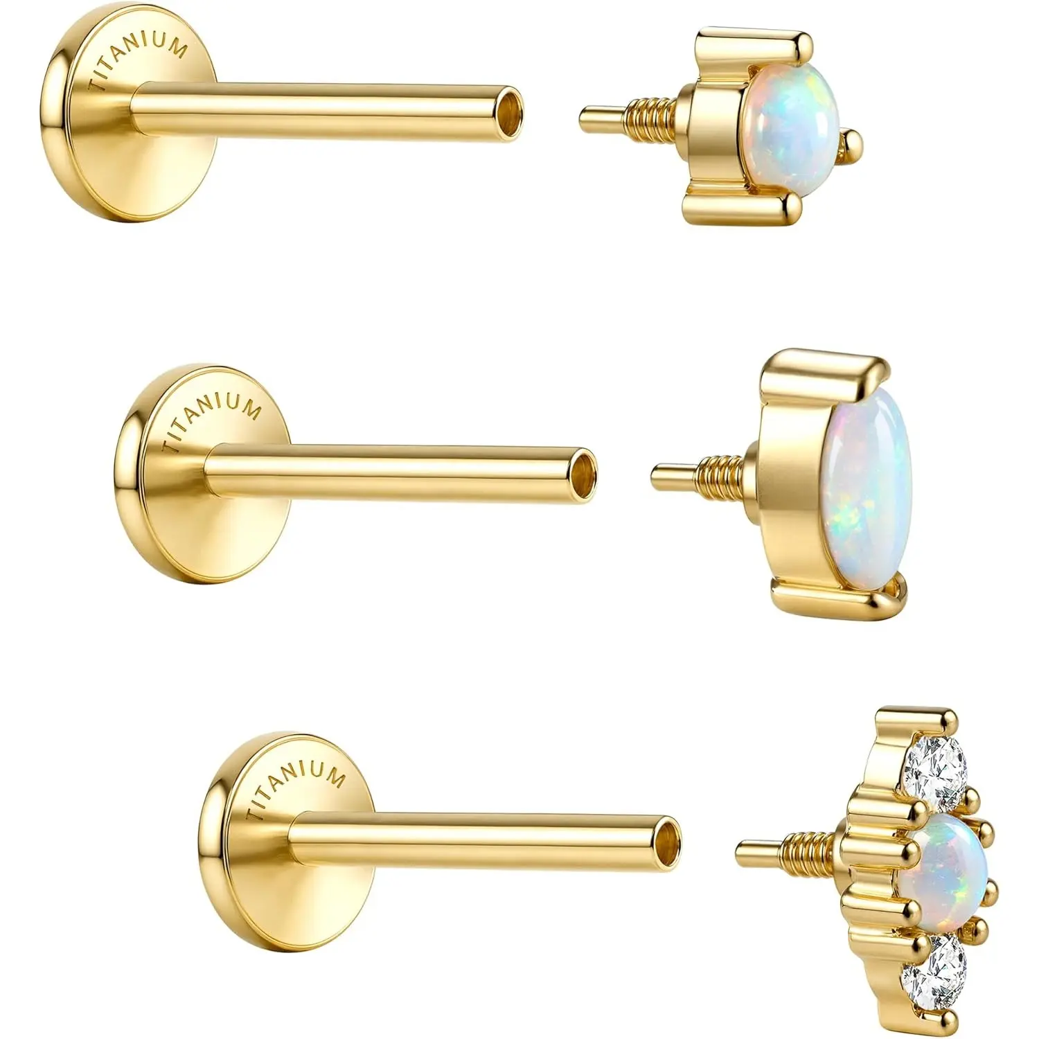 CASSIECA 3Pcs G23 Implant Grade Titanium Flat Back Earrings Studs 4K Plated Gold Hypoallergenic 18G Internally Threaded Tragus Cartilage Helix Piercing Jewelry Opal Earring for Sensitive Ears Women Men, Gold Jewelry Set