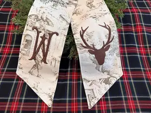 Monogrammed taupe toile deer wreath sash for front door, custom chinoiserie hunt swag, fall porch scarf