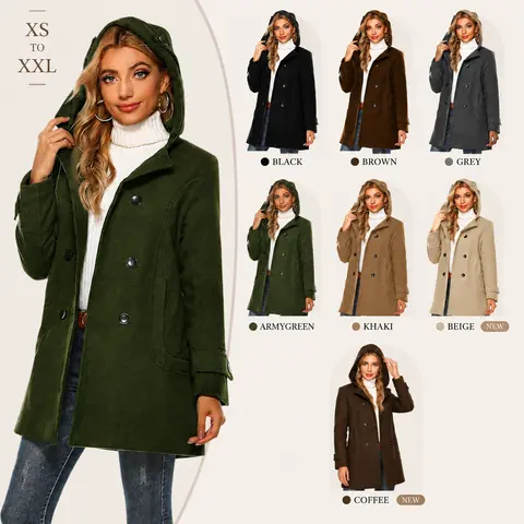 Yeokou Women's Chic Elegant Hooded High Neck Double-Breasted Button Wool Blend Pea Coat - Long-Sleeve Above-Knee Casual Outerwear Jacket with Pockets for Dating, Work