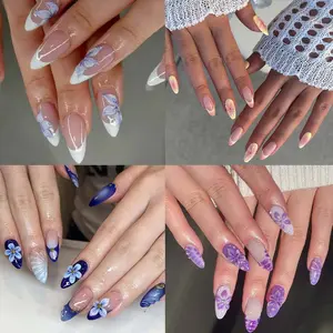 Long Almond Flower Press-On Nails Set, Nude French Blue Knot Design, Acrylic Fake Nails, Easy Wear, Perfect for Parties Dance Daily Use, Almond Shape Nails