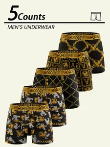 5 pcs Luxury black gold printed mid waist flat angle underwear, Soft, breathable - elastic sports shorts, Suitable for daily wear and running exercise. men shorts, Suitable for participating in various activities, Men's four cornered underwear.