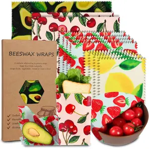 Reusable 11 Pack Eco-Friendly Organic Beeswax Wraps for Food, Sustainable Biodegradable Zero Waste Plastic-Free Food Storage with Avocado Cherry Strawberry Lemon Patterns
