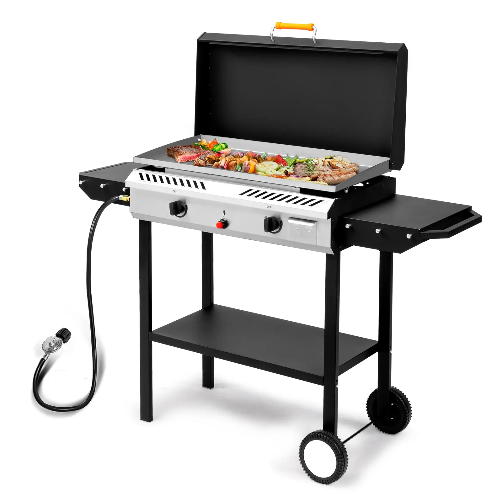 Steel 2-in-1 Propane Stove and Portable Griddle Stovetop, 2-Burner Outdoor Gas Cooker with Ignition, Storage Shelf, Portable Wheels, 150000BTU Rustproof Stand-Alone Freestanding Barbecues for Backyard Outdoor Cooking, Frying