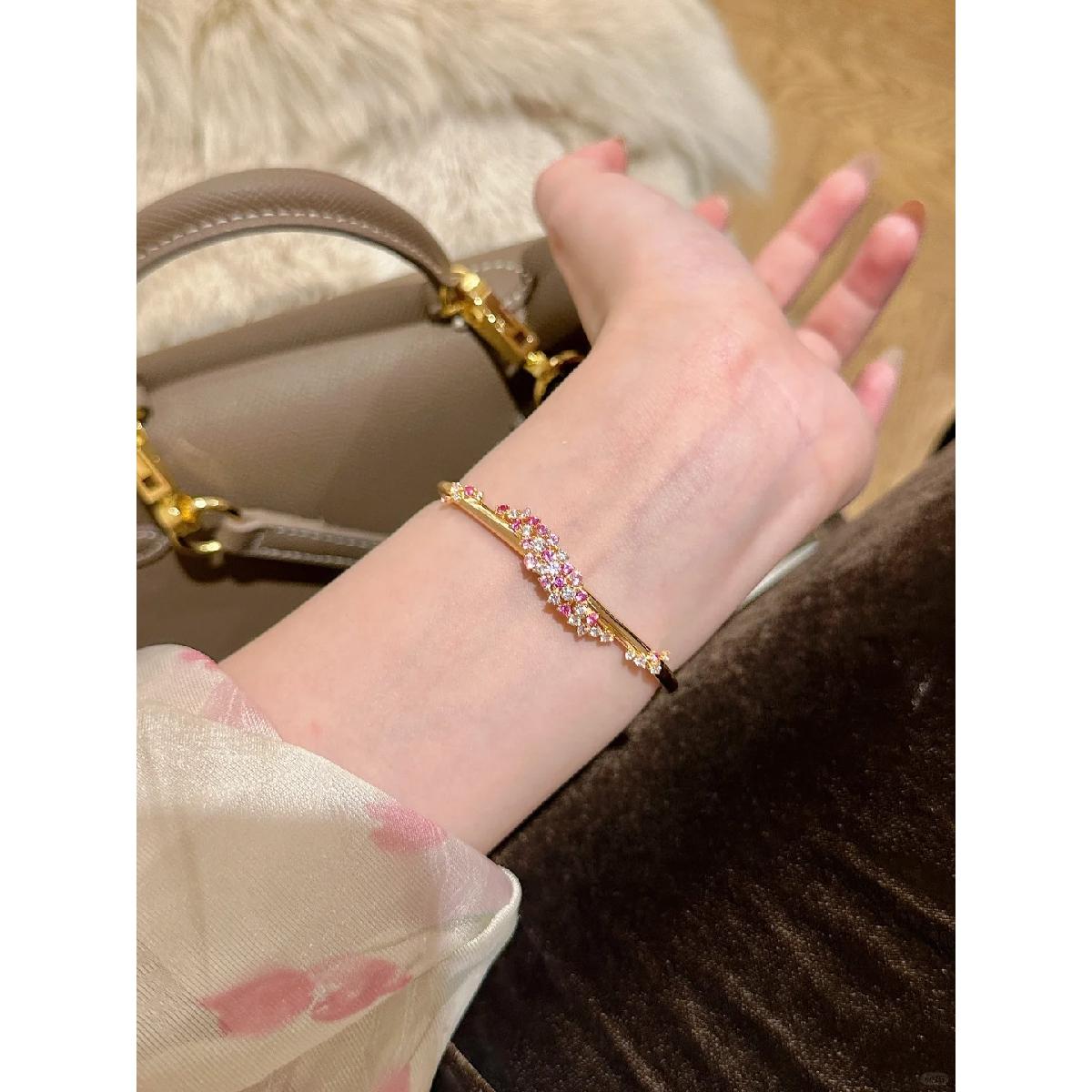 Elegant Pink Cluster Bangle Bracelet for Women, Dainty Sparkly Floral Wrist Cuff, Luxury Inspired Everyday Wear Jewelry, Trendy Bridesmaid Gift, Formal & Casual Outfit Accessory, Timeless Design Stackable Bangle, Perfect Gift for Birthday/Anniversary