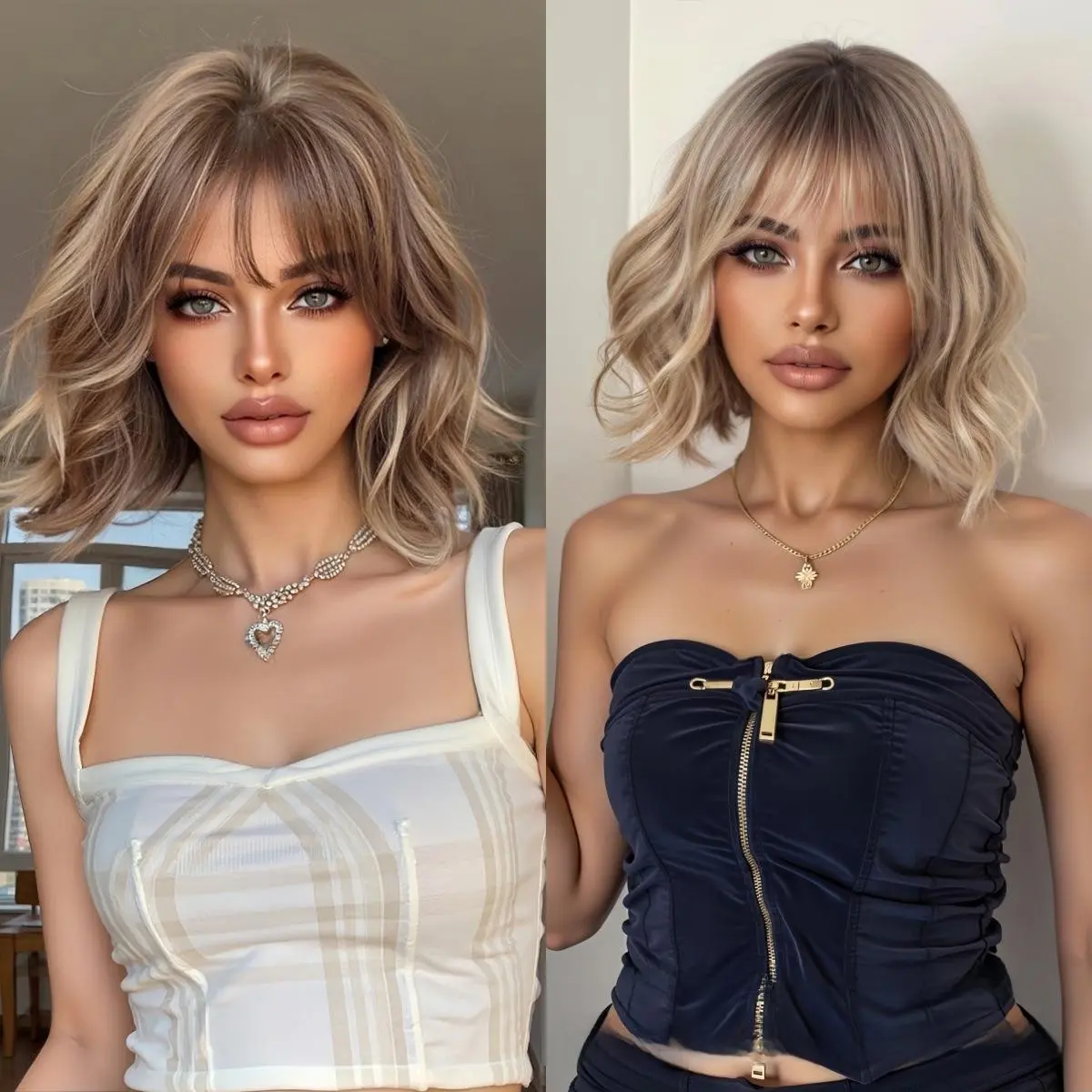 New stylish goddess wig, brown with air bangs, short curly hair, refreshing and naturally voluminous for summer, European and American style women's wig