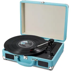Vinyl Stereo Blue Record Player 3 Speed Portable Turntable Suitcase  in 2 Speakers  Line Out AUX Headphone Jack PC Recorder