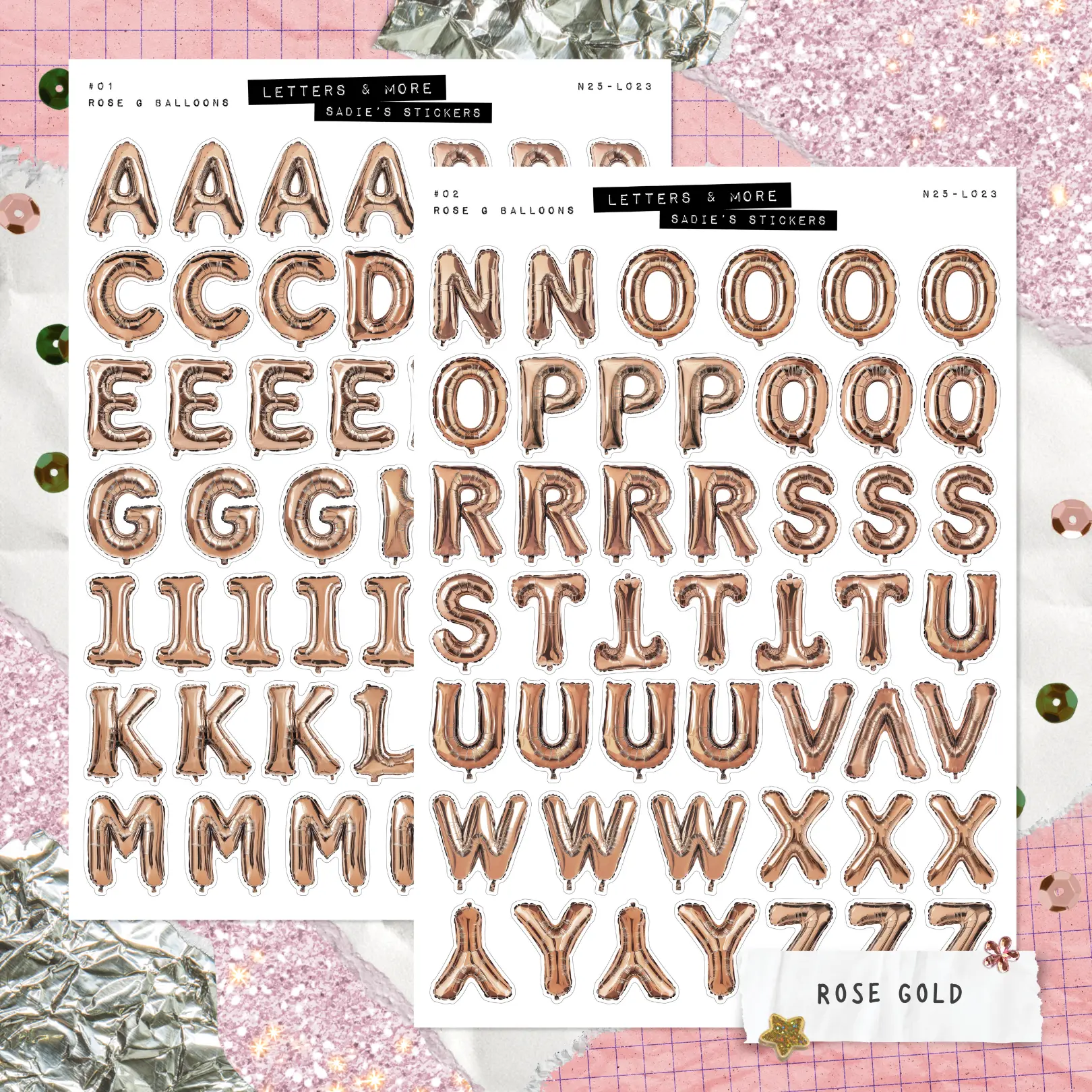 ROSE GOLD Balloon Letter SET • Junk Journal Sticker Sheets • Typography Stickers • Scrapbook Stickers • Vision Board • Birthday Celebration Aesthetic