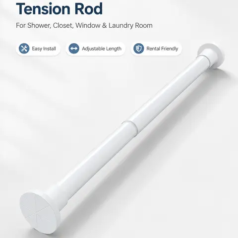White Drill-Free Expandable Telescopic Curtain Rod - Adjustable Tension, Adjustable Length, Non-Slip Universal Shower Curtain Rod for Shower Stalls, Rental Units - Easy Mounting Home Bathroom Supply, Expandable Curtain Rod