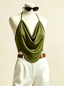 Women's Satin Knit Halter Top, Draped Neck Design, Irregular Hem, Slimming Short Summer Blouse, Casual Loose Fit, Plain Pattern, Womenswear