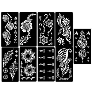 Vintage Floral Pattern Henna Temporary Tattoo Stencil, 9pcs/set Self-adhesive Body Art Tattoos Paint Sticker, Beauty & Personal Care Fake Tattoo