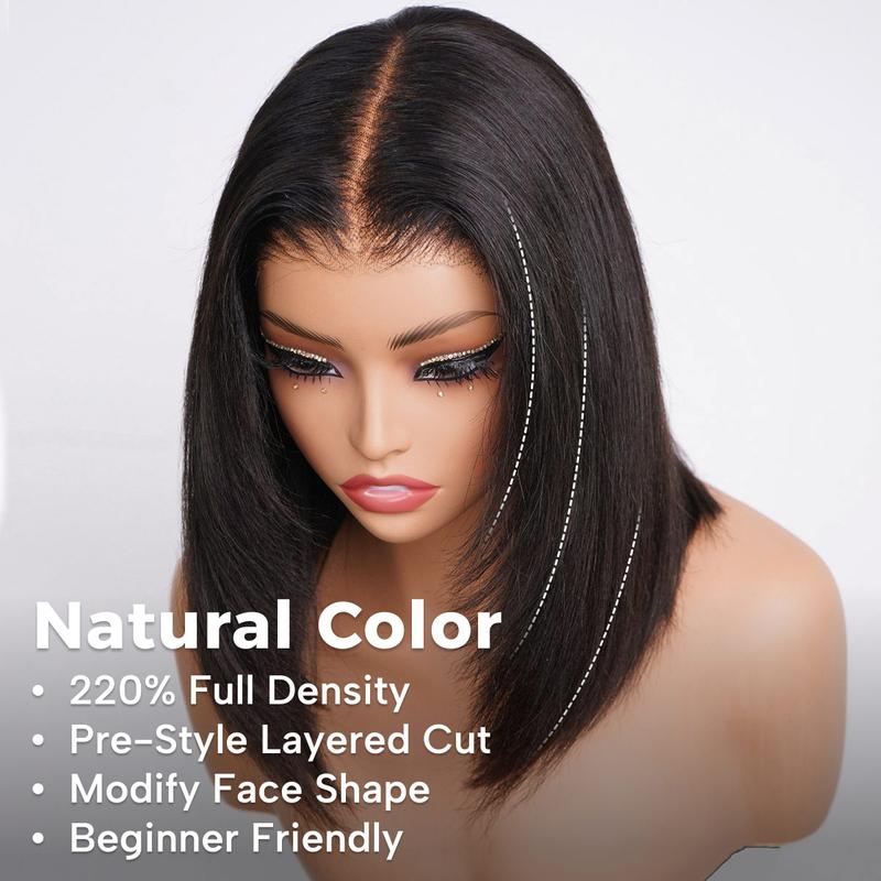 OQ Hair Full 220% Density Wear Go 9x6 Tpart Layered Cut Yaki Straight Bob Wig Reddish Brown Color Ear To Ear Deep Part Lace Glueless Wig Human Hair Pre Bleached Tiny Knots With Drawstring