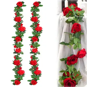 2Pcs (15Ft) Artificial Rose Garlands - Red Fake Flower Vines with Leaves, Silk Rose Hanging Garland for Wedding Arch, Ceremony Decor, Party Backdrop, Home Wall Decoration