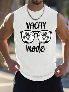 Men’s White Sleeveless Tank Top, Menswear, "VACAY MODE" Sunglasses & Palm Tree Beach Tropical Graphic, Soft Breathable Fabric Summer Vacation Top for Beach, Travel & Casual Wear, Ideal for Vacationers & Beach Lovers