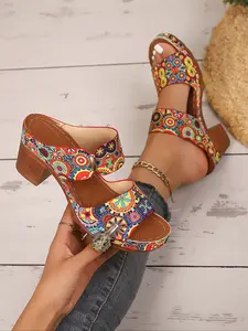 New Women's Floral Design Shoes, Outdoor Bohemian Style Lightweight Wedge Heeled Flower Print Sandals, Colorful Elegant Fashion High Heels