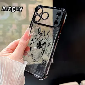 Anatomical Heart Sketch Pattern Four Corner Anti-Fall Phone Case Transparent Electroplated Protective Cover for iPhone 17 Pro Max 16 Air 15 Plus 14 13 12 11 E
